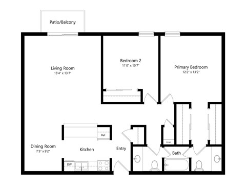 Floor plan for 2 beds, 1.5 baths, 890 sqft